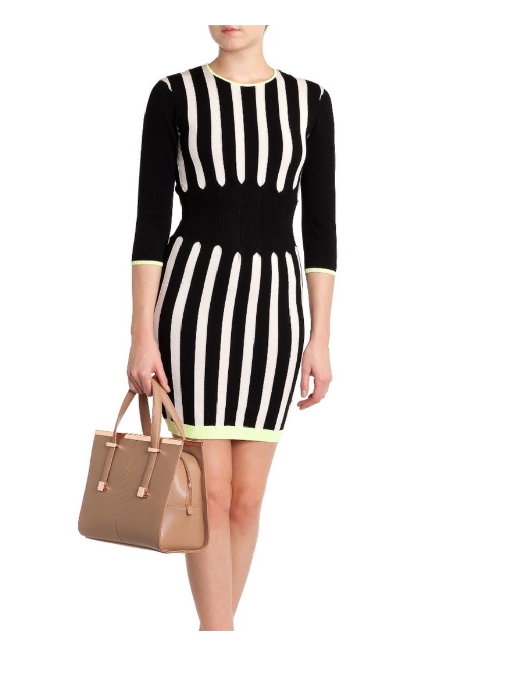 Ted Baker Black and White Striped Mini Dress with Neon Yellow Trim